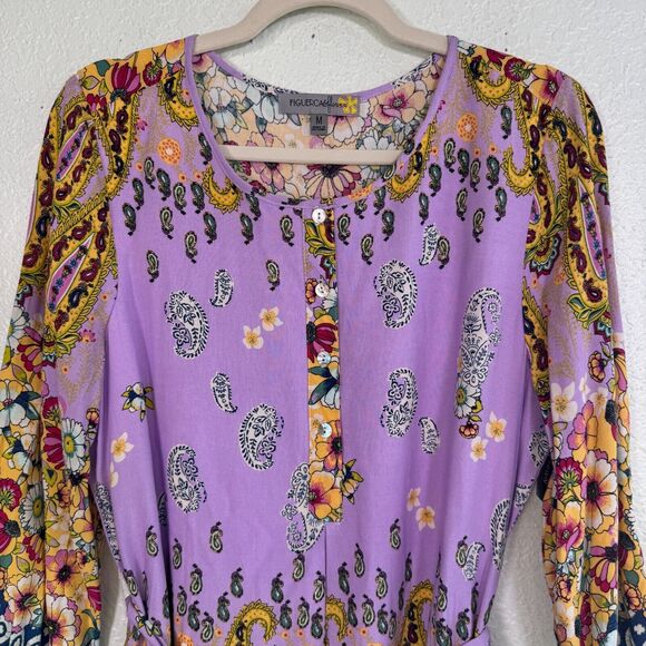 Fig and Flower Dress Womens Medium Floral Paisley Belted Tie Rayon Anthropolgie - Picture 2 of 10